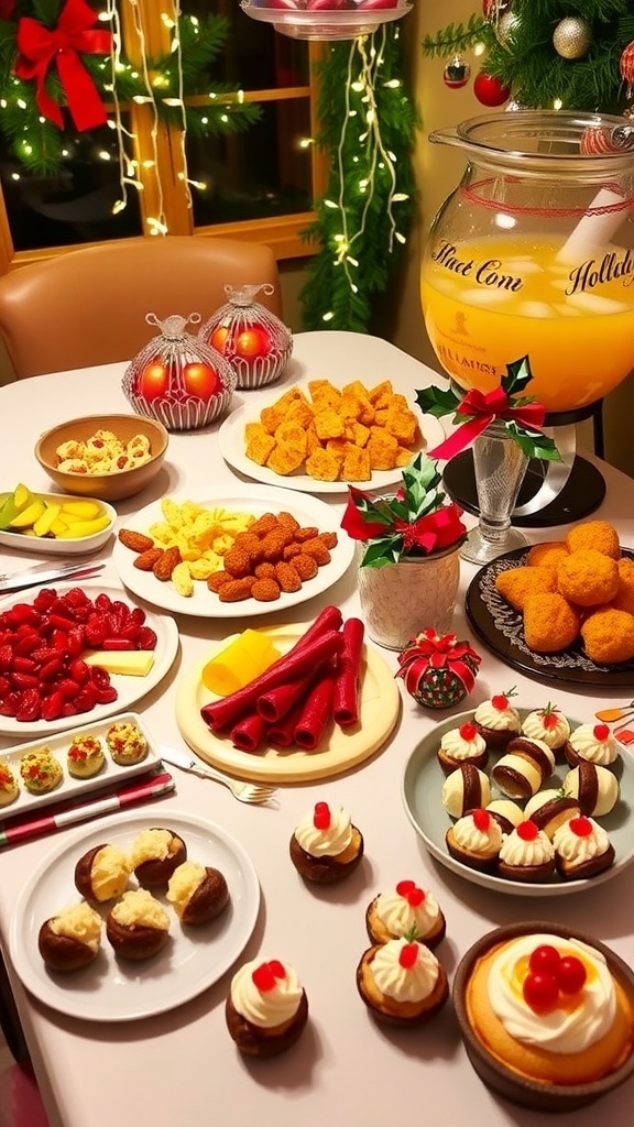 A festive Christmas party table with appetizers and desserts for a National Lampoon